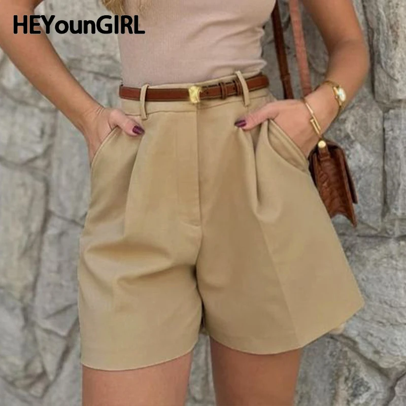 

HEYounGIRL Solid Color Suit Shorts Women Frill Detail Casual Straight Short Pants High Street Minimalist Outfits Summer Shorts