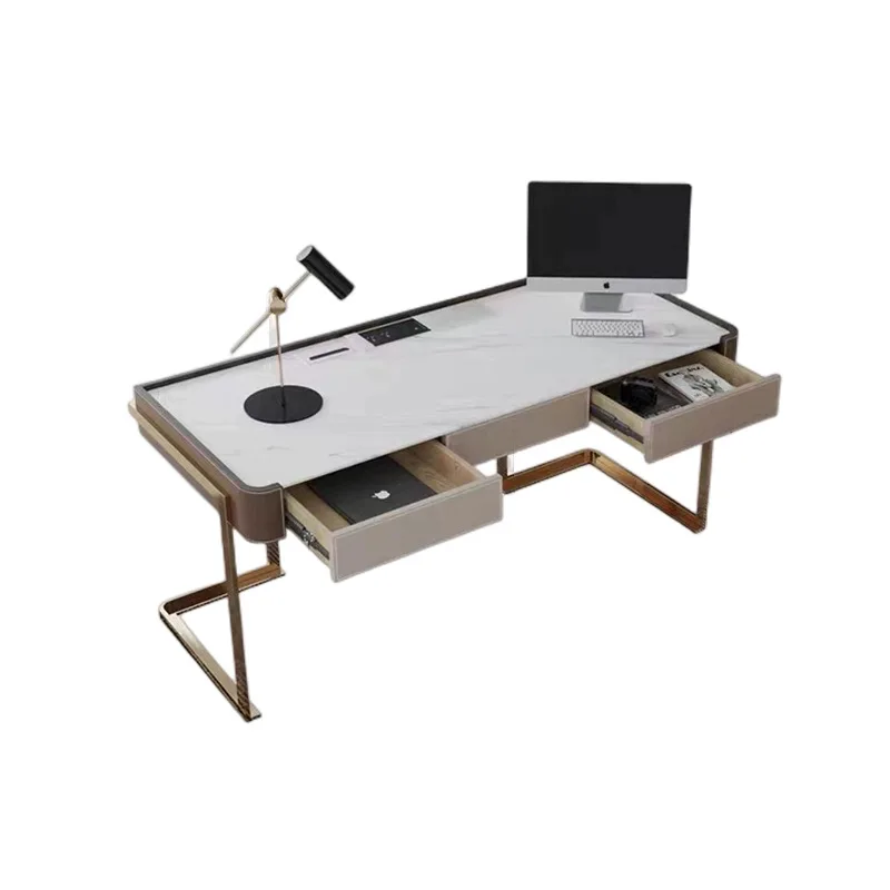 

Light luxury modern rock slab desk Italian minimalist computer desk integrated table living room study stainless steel writing d
