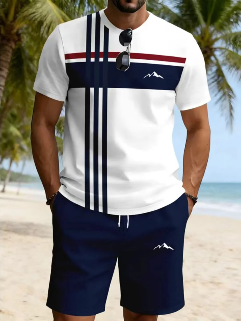 2026 Summer New Arrival Men's Casual Two-Piece Set Striped 3D Print Short-Sleeve Shirt and Athletic Shorts Set Men's Fitness Set view 4