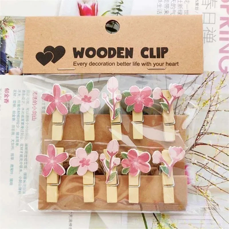 Clips de madera con forma de flor de melocotón para colgar fotos, papel de notas, tarjeta de arte, papelería para ropa, decoración artesanal para fiesta de boda, 35x7mm, 10 unidades por juego