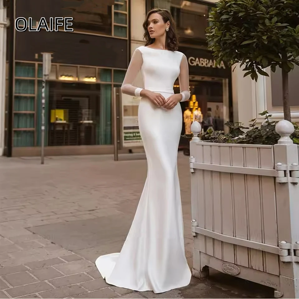 

Simple Mermaid Bridal Wedding Dresses Lace Up Back Satin Customized Tulle Long Sleeve Sweep Train Vestido De Noiva