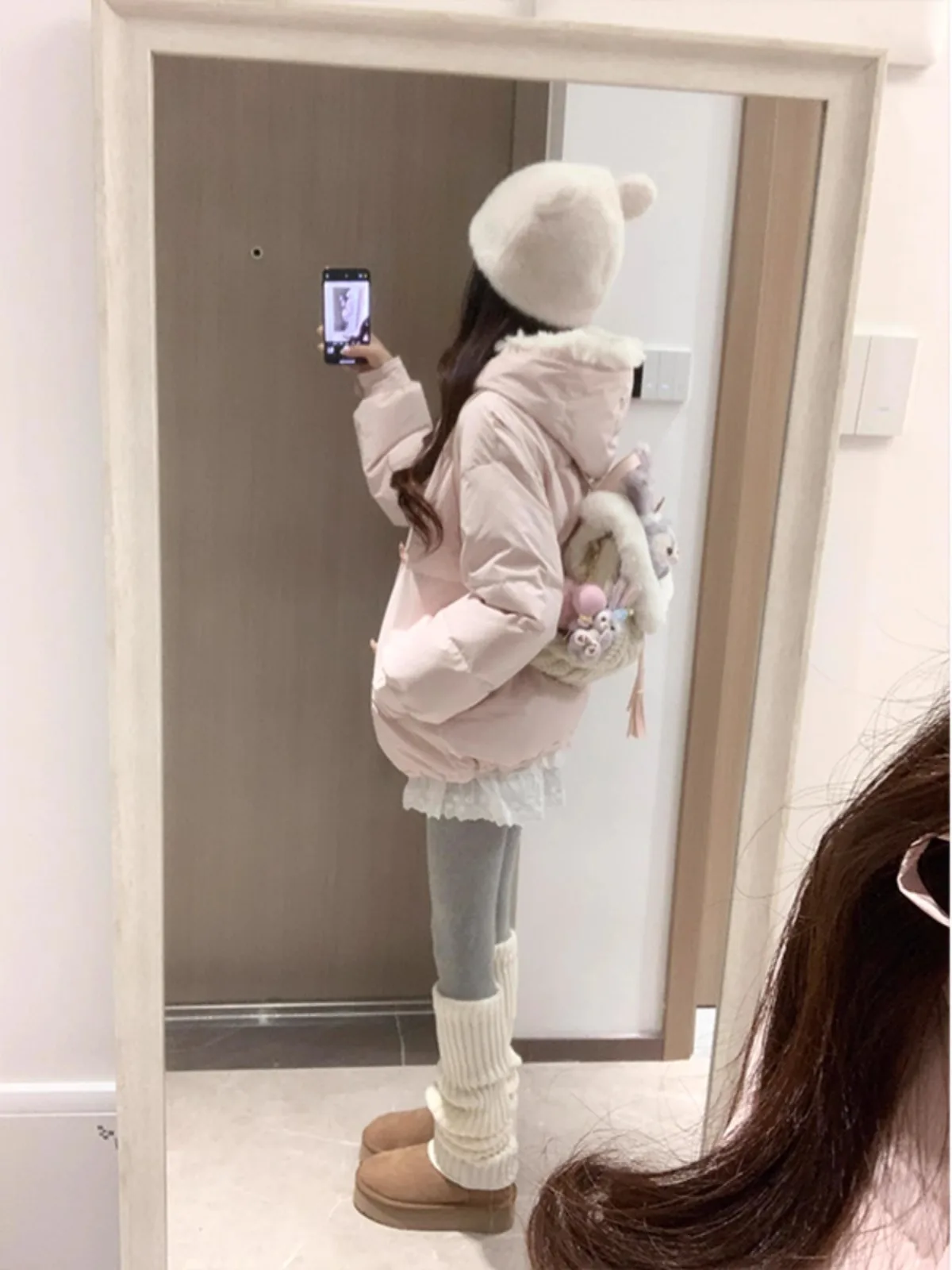 달콤한 핑크 리본 후드 다운 코튼 재킷 여성 겨울용 작은 사이즈 퍼 칼라 따뜻한 트렌디한 한국 스타일 롱 슬리브