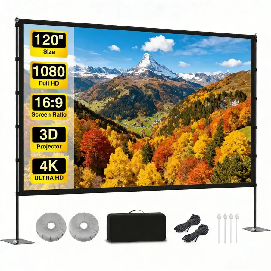 120 Inch Portable Projector Screen With Stand, 16:9 4K HD Outdoor&Indoor Movie Screen, Lightweight Anti-Wrinkle Display With Carry Bag For Backyard Theater, Camping & Travel