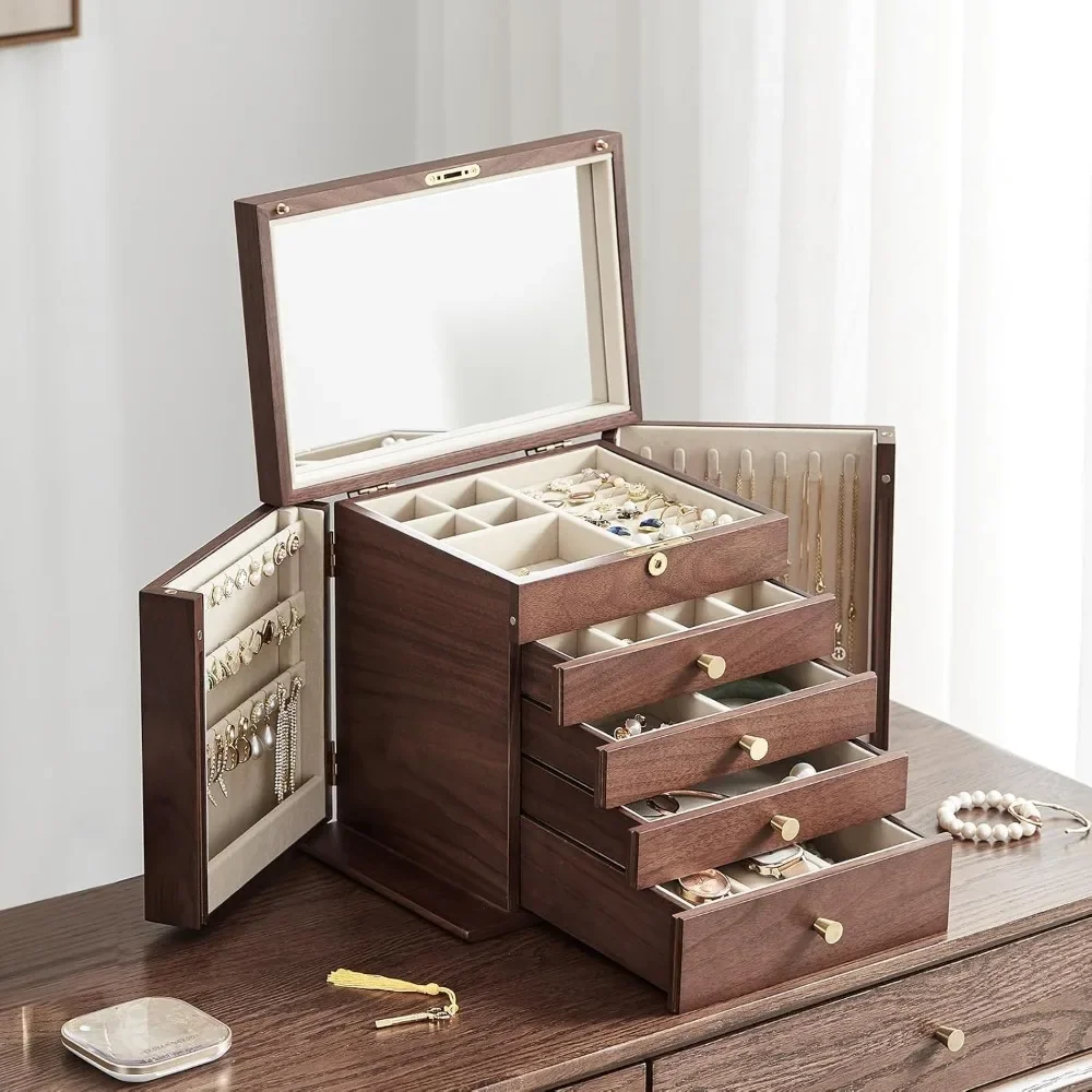 Black Walnut Jewelry Box, Five Layer Solid Wood Organizer, Two Side Doors With Mirror, Lockable Classical Design