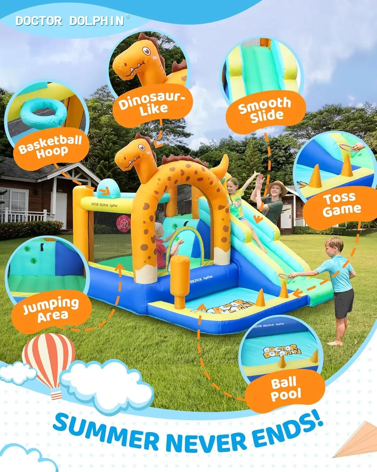 Dolphin Bounce House สไลด์ไดโนเสาร์ปราสาท Bouncy พองกระโดดปราสาทพร้อมอุโมงค์ Ball Pit สําหรับเด็กวัยหัดเดินเด็ก 3-8 Y