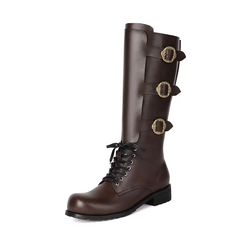 Steampunk Mittelalterliche Retro Motorradstiefel aus PU-Leder mit Schnalle, kniehohe Stiefel für Herren, Renaissance Cosplay, runde Zehenschuhe 2026 – Detail 4