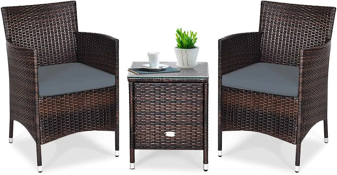 Patio Furniture Set， 3 PCS， P, with Tempered Glass Coffee Table, Seat Cushions, Rattan Wicker Chairs， Patio Furniture Set