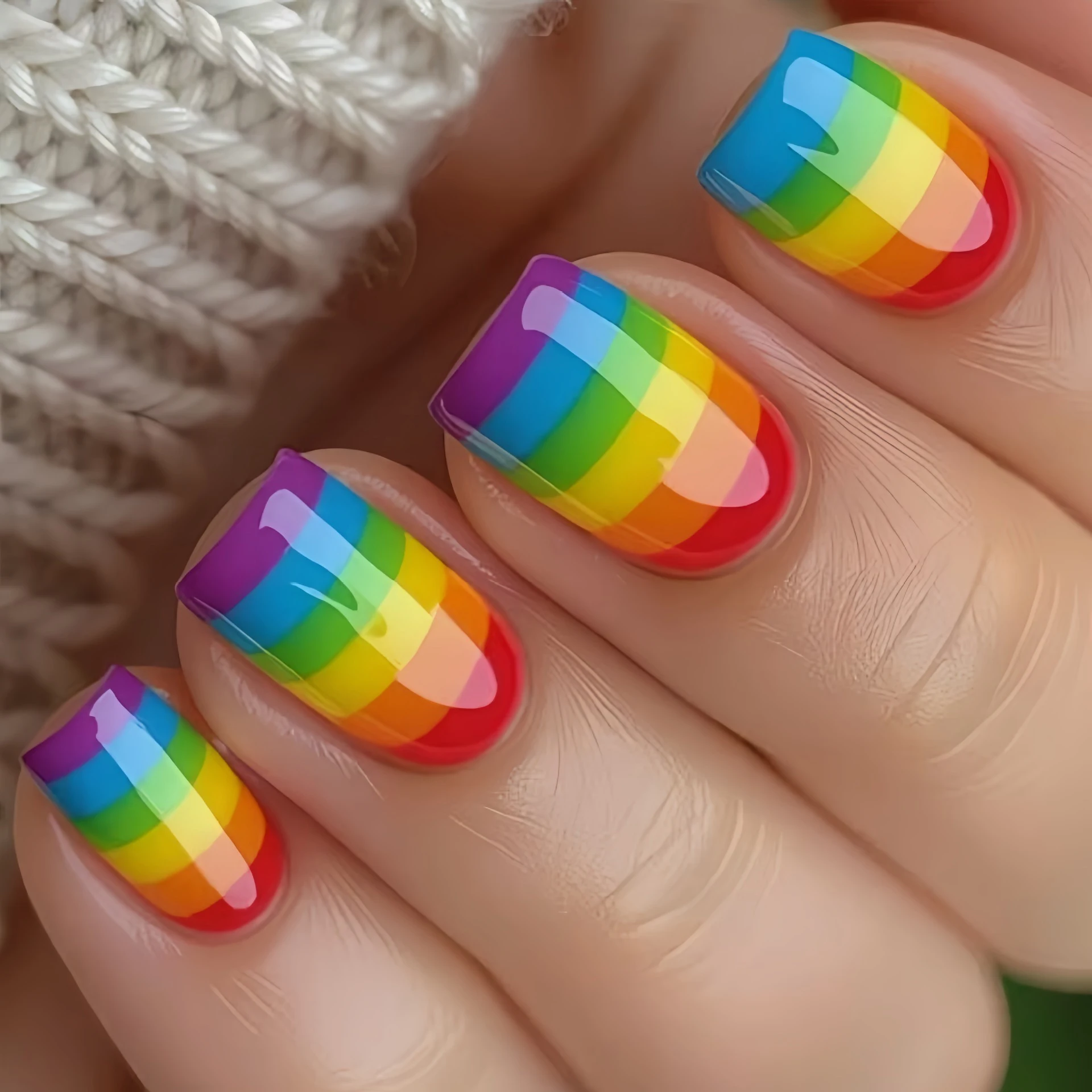 Nail Art Yellow - 24 ピース/セットカラフルなフェイクネイル Y2K イエロー、レッド、ブルー、パープル、グリーンの横縞ミディアムスクエアシェイププレスオンフェイクネイルアート