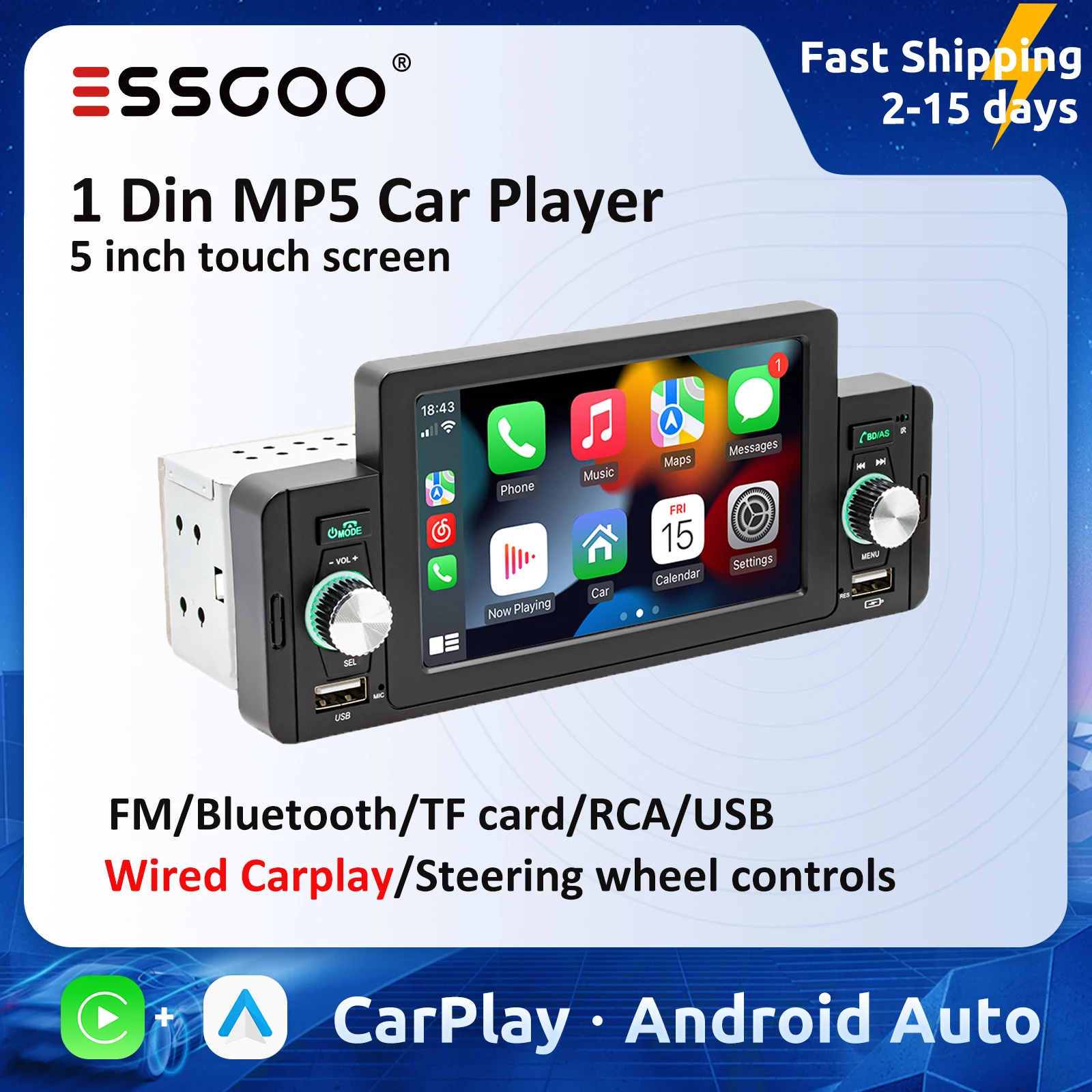 

ESSGOO Car Radio 1Din MP5 Player Autoradio Stereo 5 Inch IPS Screen Carplay Mirror Link Bluetooth Universal Multimedia Player