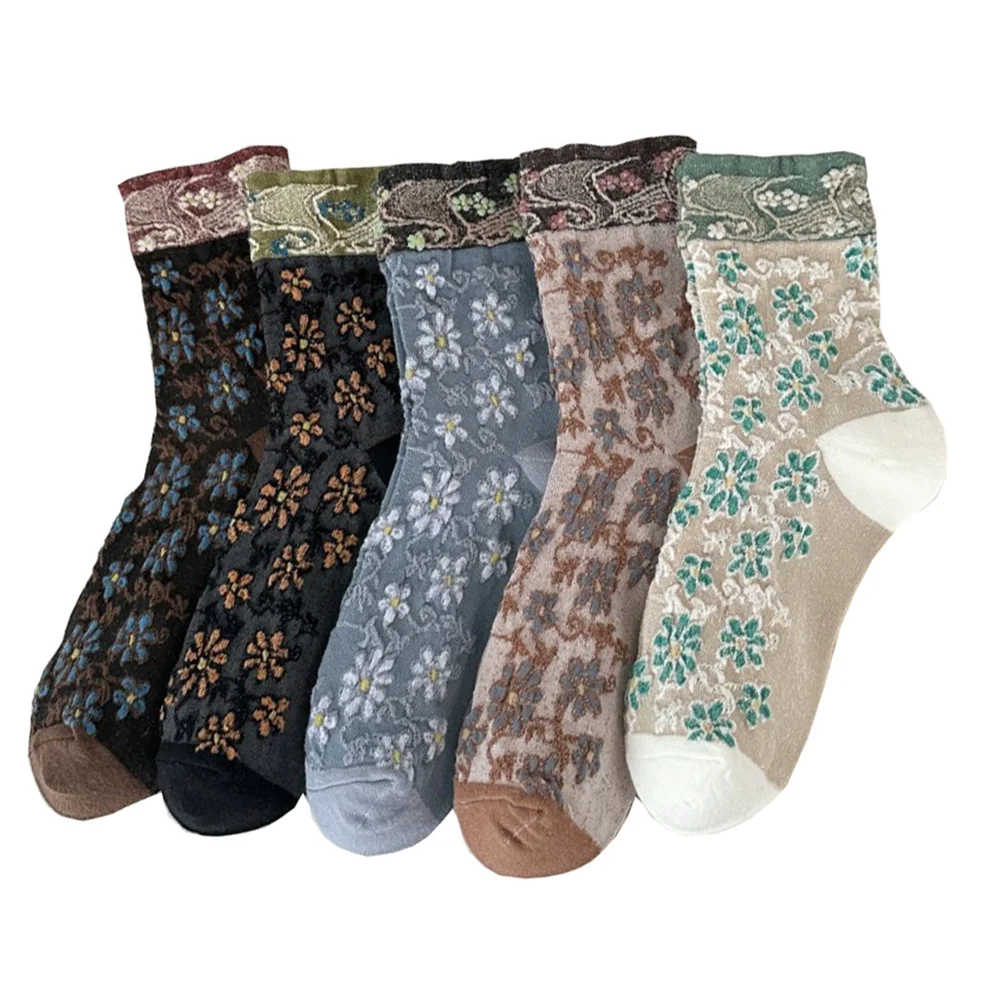 

5 Pairs Cute Floral Print Women's Socks Autumn Winter Street Style Casual Middle Tube Socks For Women