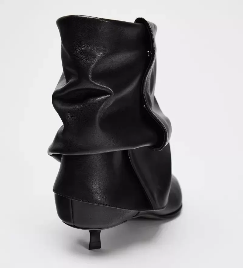 Leder-Designer-Damenstiefel mit Kitten-Heel, Schwarz, Sexy Spitze, Hohe Absätze, Kurze Stiefel, Damen-Winterstiefel mit Falten, Damen-Knöchelstiefel – Detail 19