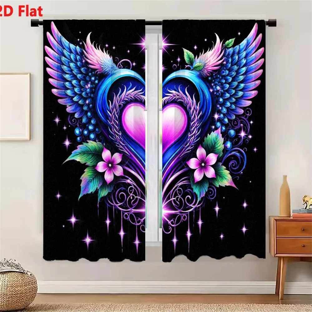 2Pcs Curtains 2D Flat Magical Blue Heart With Pink Glow Layered Design And Symmetrical Colorful Wings Green Leaves Starburst Pur