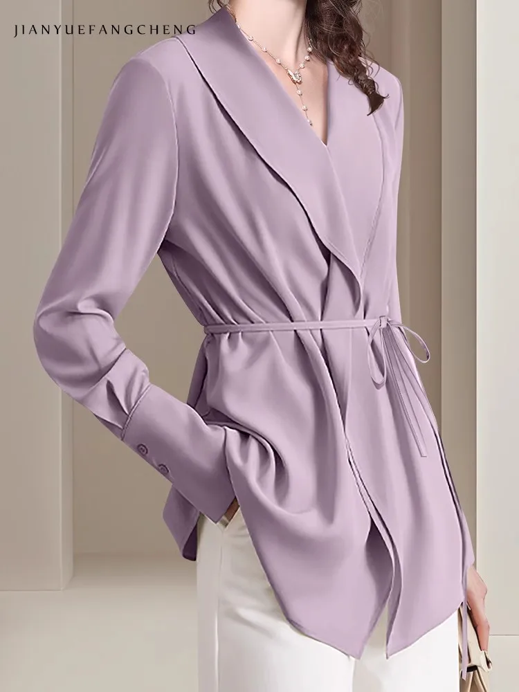 Mode Frauen Frühling Sommer hellviolett Langarm Freizeit hemd mit Gürtel weiche haut freundliche Bluse elegante schlanke Damen oberteile