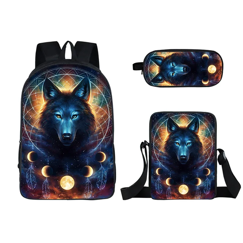 

3d Animal Outdoor Three-piece Student School Bag Burden Reduction Backpack Polyester Printed Satchel Pen Bag Mochila Escolar Sac