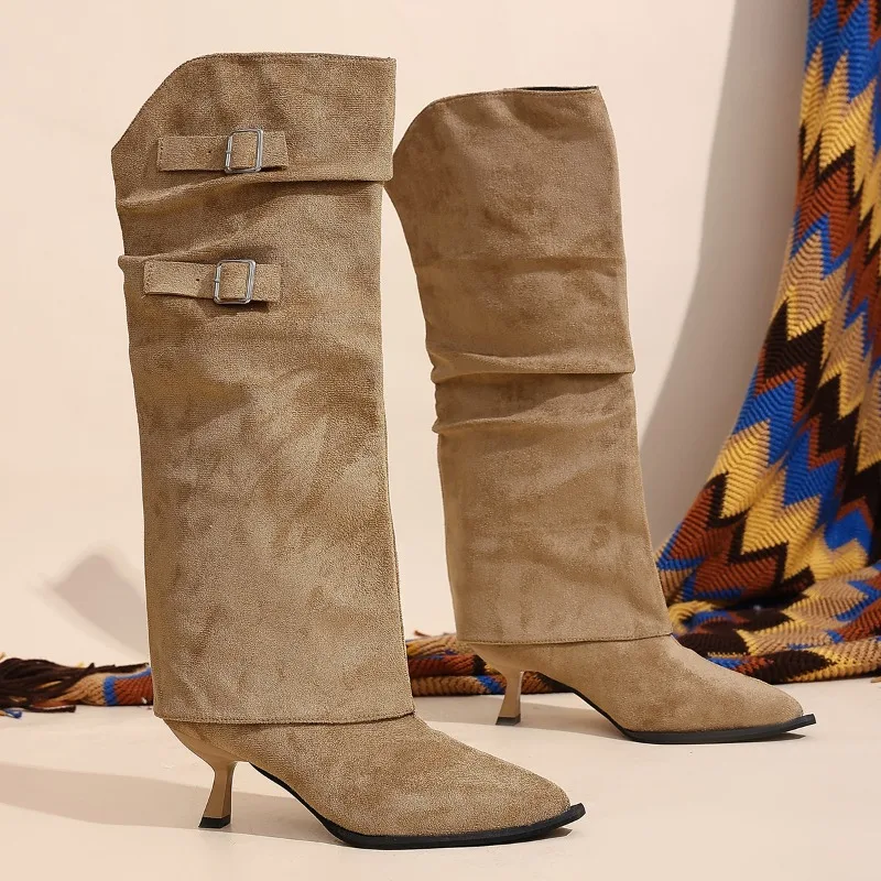 Pointed Toe Pleated Pile Boots Women 2026 Winter New Metal Buckle Two-Wear Detachable High Heels