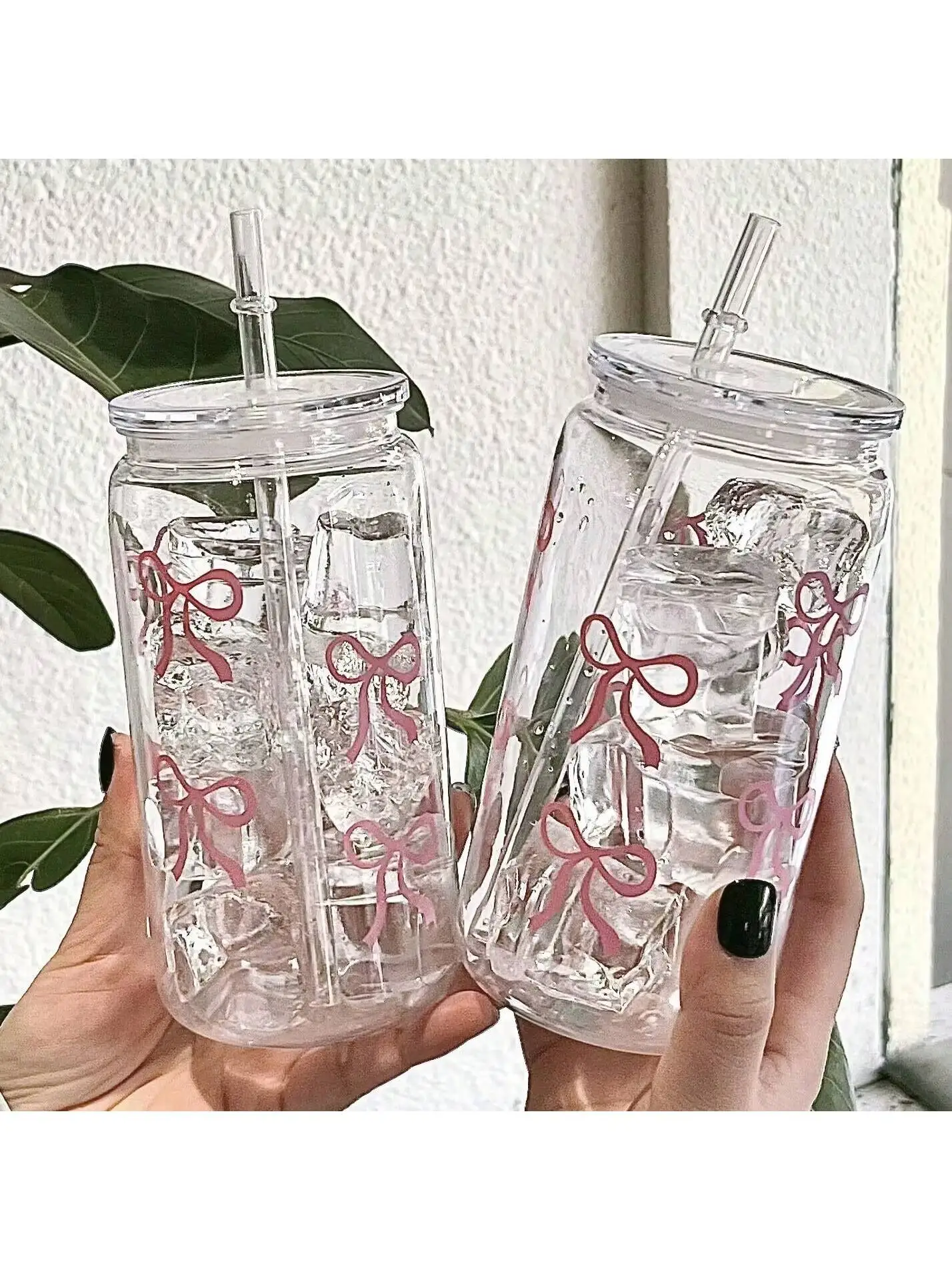 Vaso de cristal con lazo bonito de 500 ml, botella de agua en forma de tarro de albañil con tapa y pajita, regalo de fiesta perfecto para café helado y jugos