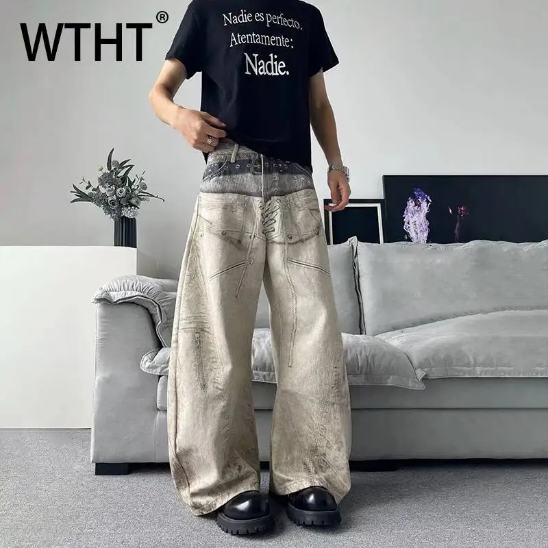 WTHT Fashion 2026 Summer Men's 3D Print Design Loose Denim Pants Trendy American Style Wide Leg Casual Jeans Male 2A3206