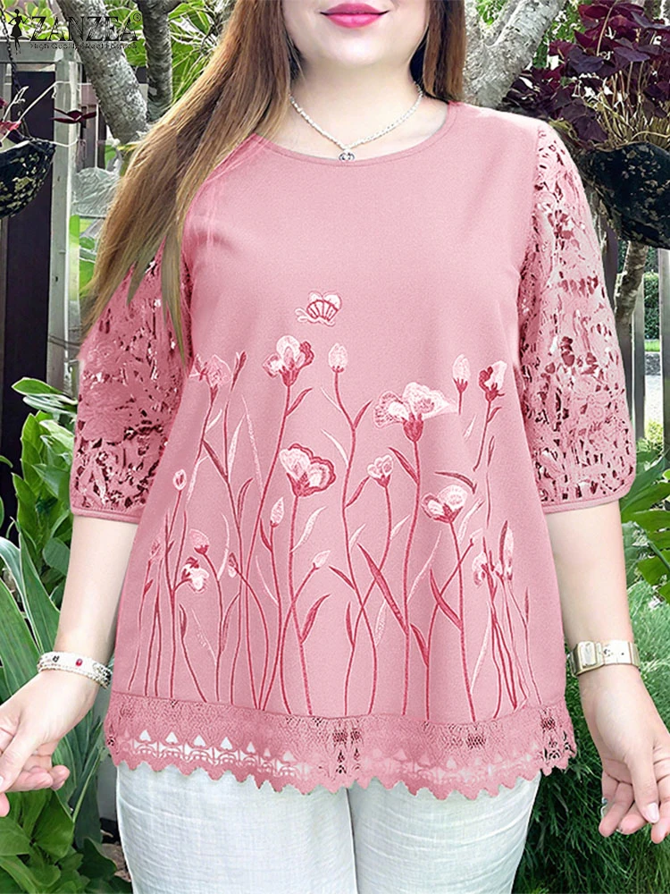 ZANZEA Women Embroidery Blouses Vintage Floral Tops 3/4 Sleeve O Neck Summer Blusas 2025 Elegant OL Tunics Casual Loose Pullover