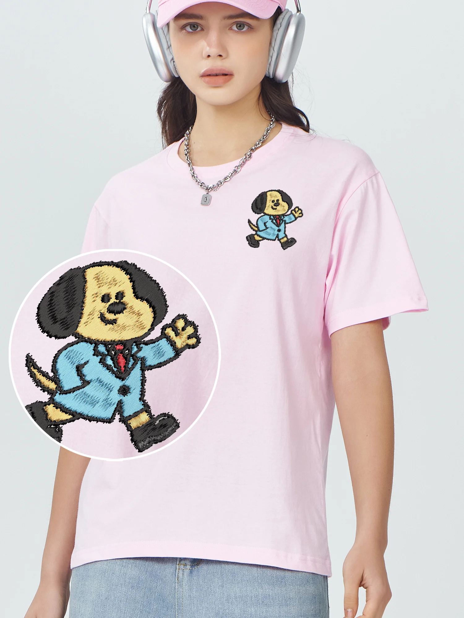 Wearing Suit Dog Embroidered Cotton Tee Unisex Soft Breathable Comfortable Embroidery T Shirts For Men Women Gift Idea