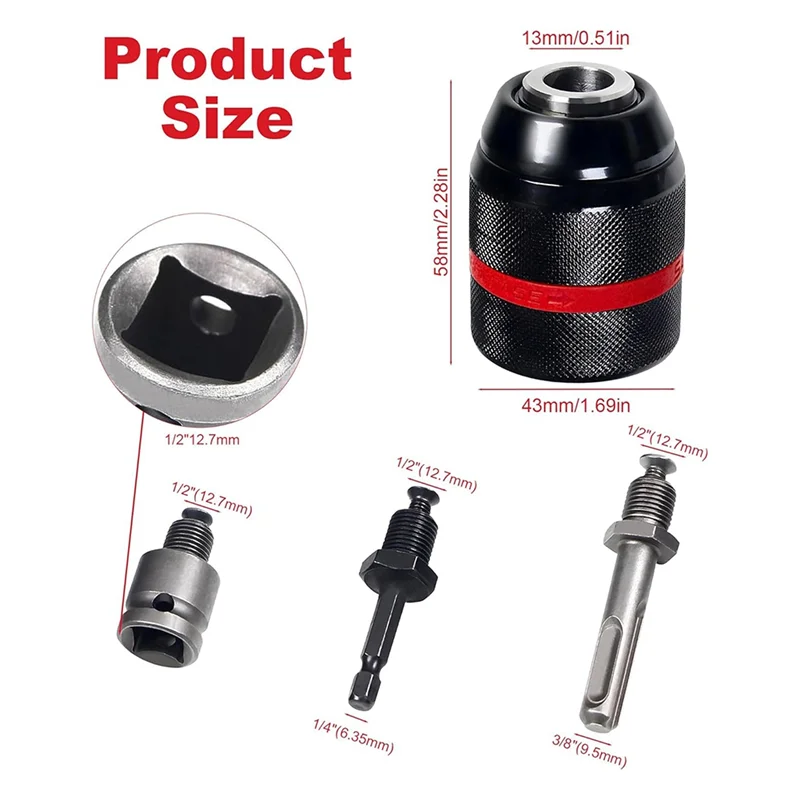 TKOH-Keyless Drill Chuck For , 1/2-20UNF Mount, 1.5-13Mm Self-Tighten, With SDS-Plus & Hex Shank Adapters