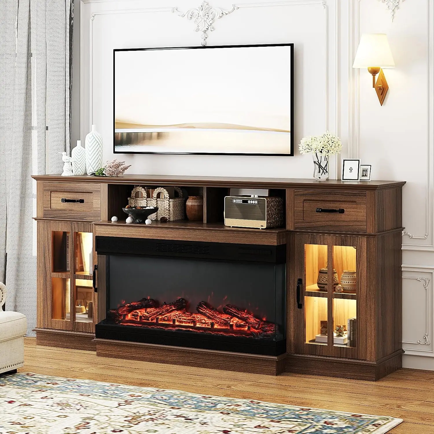 

Fireplace TV Stand up to 80'' TVs, 3-Sided Glass Entertainment Center with Electric Fireplace Heater & Glass Doors and Drawers