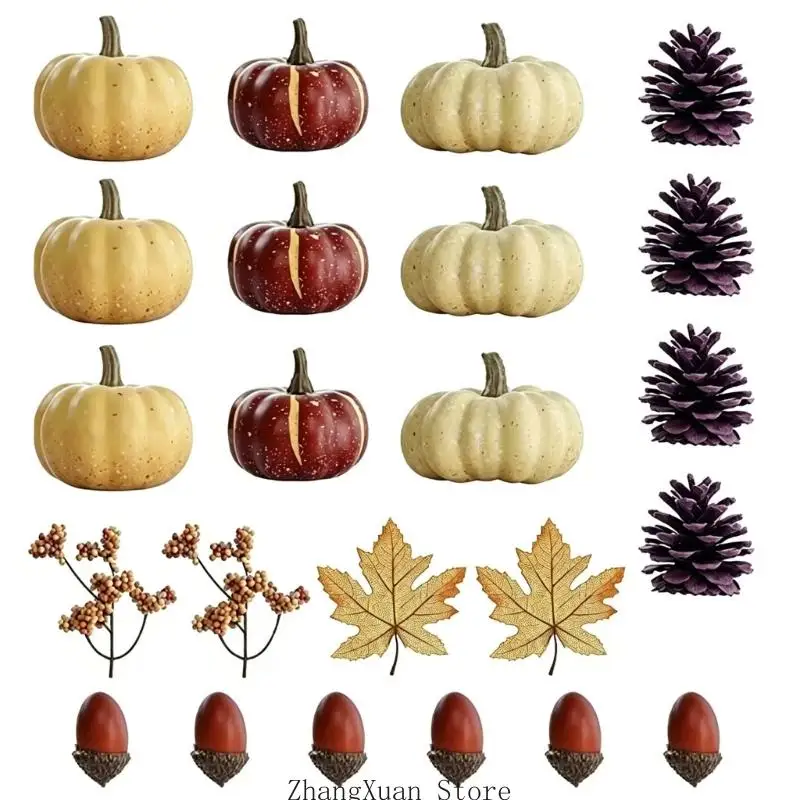 Saisonales Arrangement-Set für den Innenbereich mit künstlichen Kürbissen für die Regalpräsentation 3XUF – Detail 2