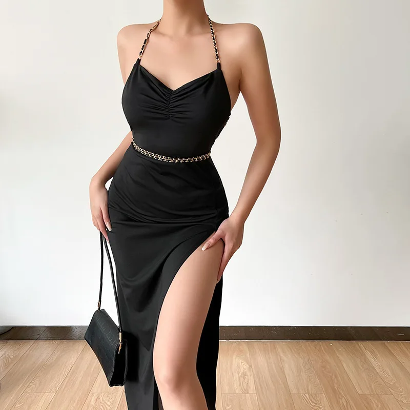 Vestido de tirantes con abertura de punto negro, Sexy, sin espalda, sin mangas, ajustado, europeo y americano, ropa de mujer