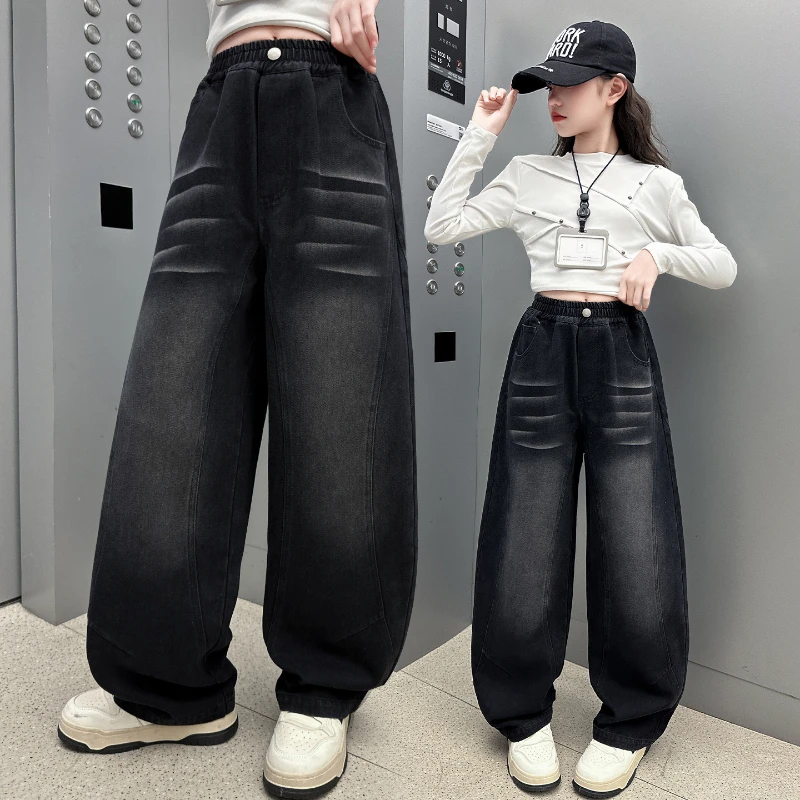 Girls' Jeans Spring Autumn 2025 New Stylish Children's Curved Knife Denim Pants Elastic Waist Kids Loose Long Trousers