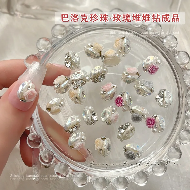 5PCS 3D Baroque Pearl Camellia Rose Pile Diamonds Alloy Nail Art Rhinestones Decorations Manicure Ornaments Accessories