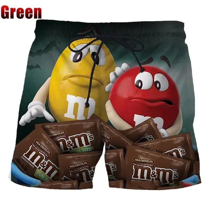 Funny M&M\'s Chocolate Bean Beach Shorts Men 3D Printed M&M Board Shorts Swimsuit Bermuda Swim Trunks Cool Kids Ice Shorts Pants