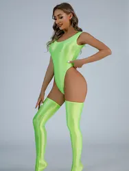 Sexy Women HIgh Cut Bodysuit Elastic Leotards Oil Glossy Shiny Sexy Tight One Piece Yoga Shaping Leotard Dance Wear Candy Color