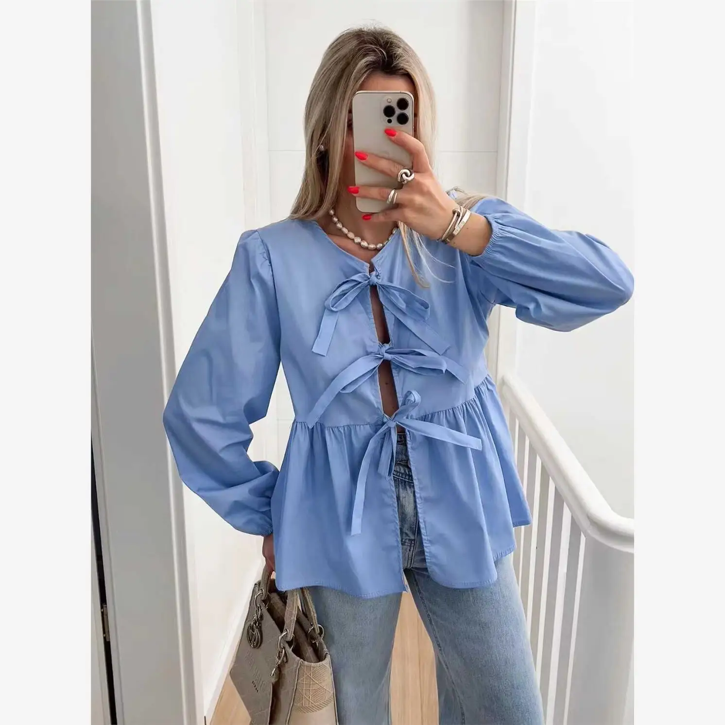 

Summer Loose Long Sleeve Pure Color Shirt with Bow Tie Street Style Casual Fashion Women's Premium Quality Button up Bow Shirt