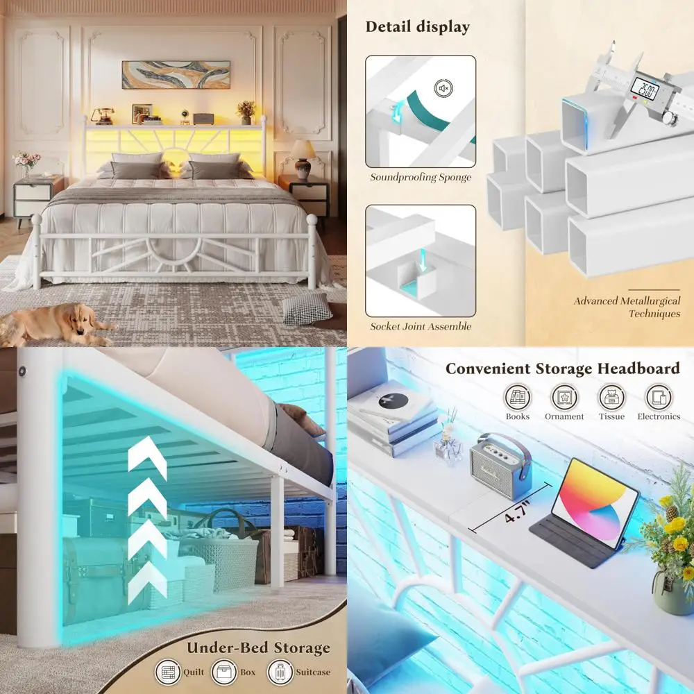 Queen Size Metal Platform Bed Frame with Storage, LED Light Headboard, Mattress Foundation, and Underbed Storage Solution