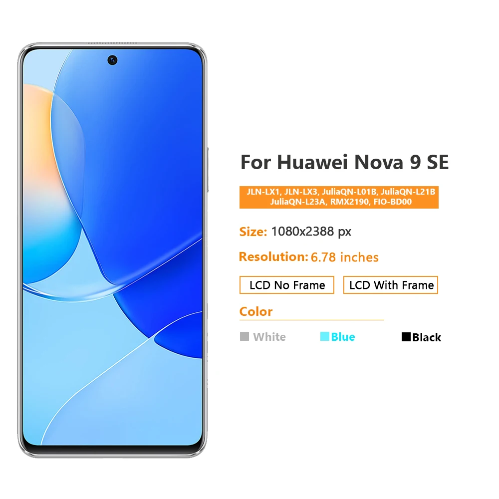 6.78\'\' High Quality For HUAWEI Nova 9 SE For JLN-LX1 JLN-LX3 LCD With Frame Display Touch Screen Digitizer Assembly Replacement