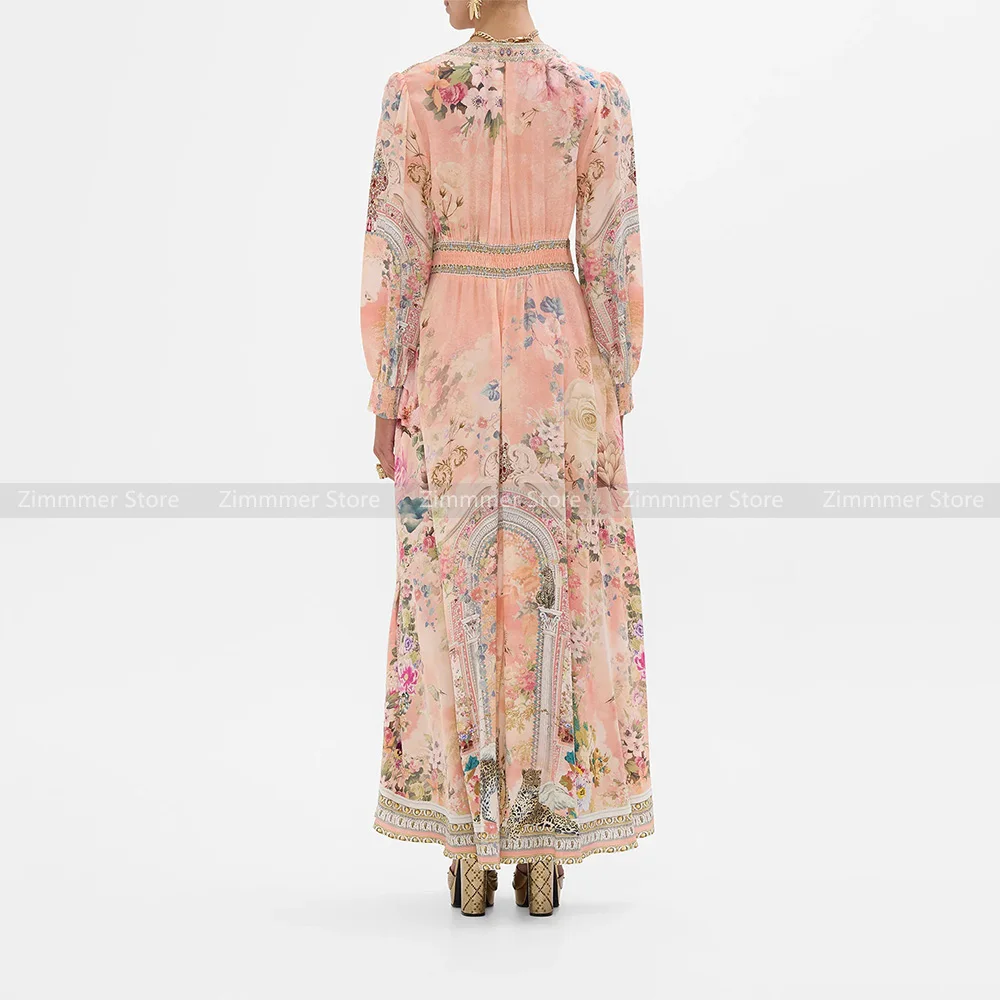 Australian niche noblewoman floral print V-neck long-sleeved high-waisted silk dress long