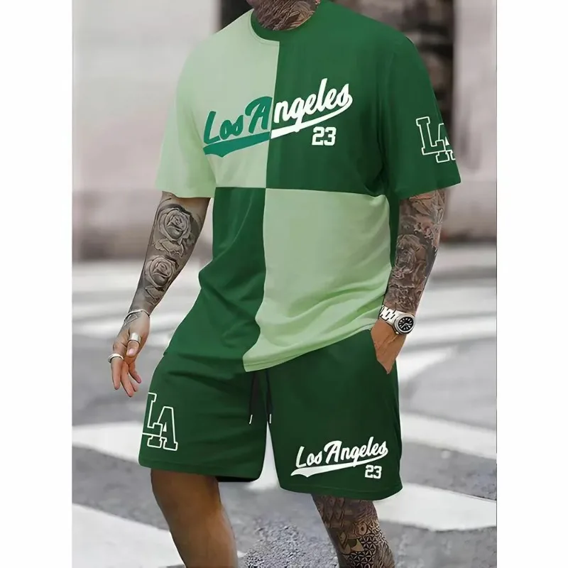 2025 Men's 3D Printed Short Sleeved Shorts Set, Fashionable Daily Casual Trend Round Neck Polyester Fiber Two-piece Set