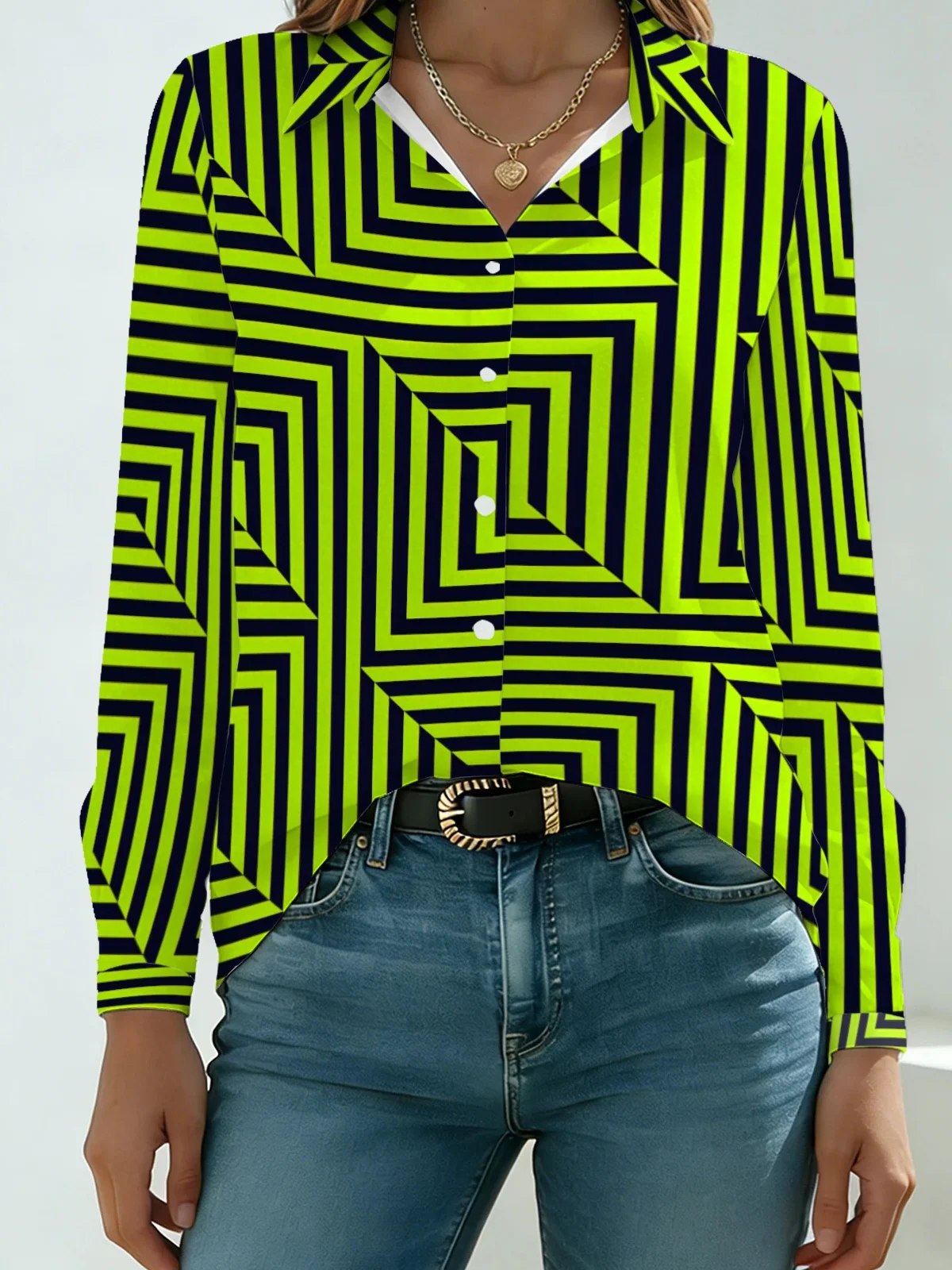 Minimal Optical Illusion Square Stripe Print Women Lapel Blouse Lime Green Navy Contrast Geometric Long Sleeve Casual Youth Tops
