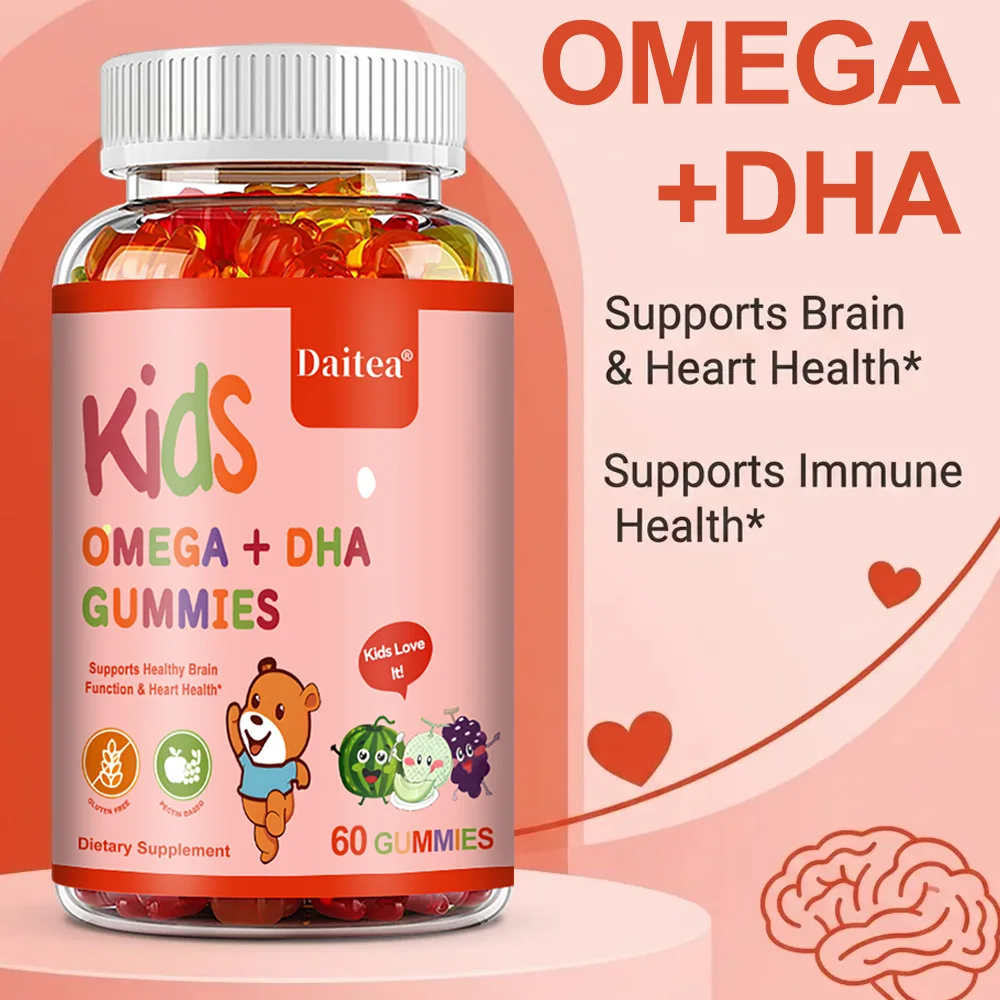 Kids Omega + DHA Gummies, Brain Development Support for Children, Boost Focus Memory, Learning Ability, Eye Heart & Joint Health