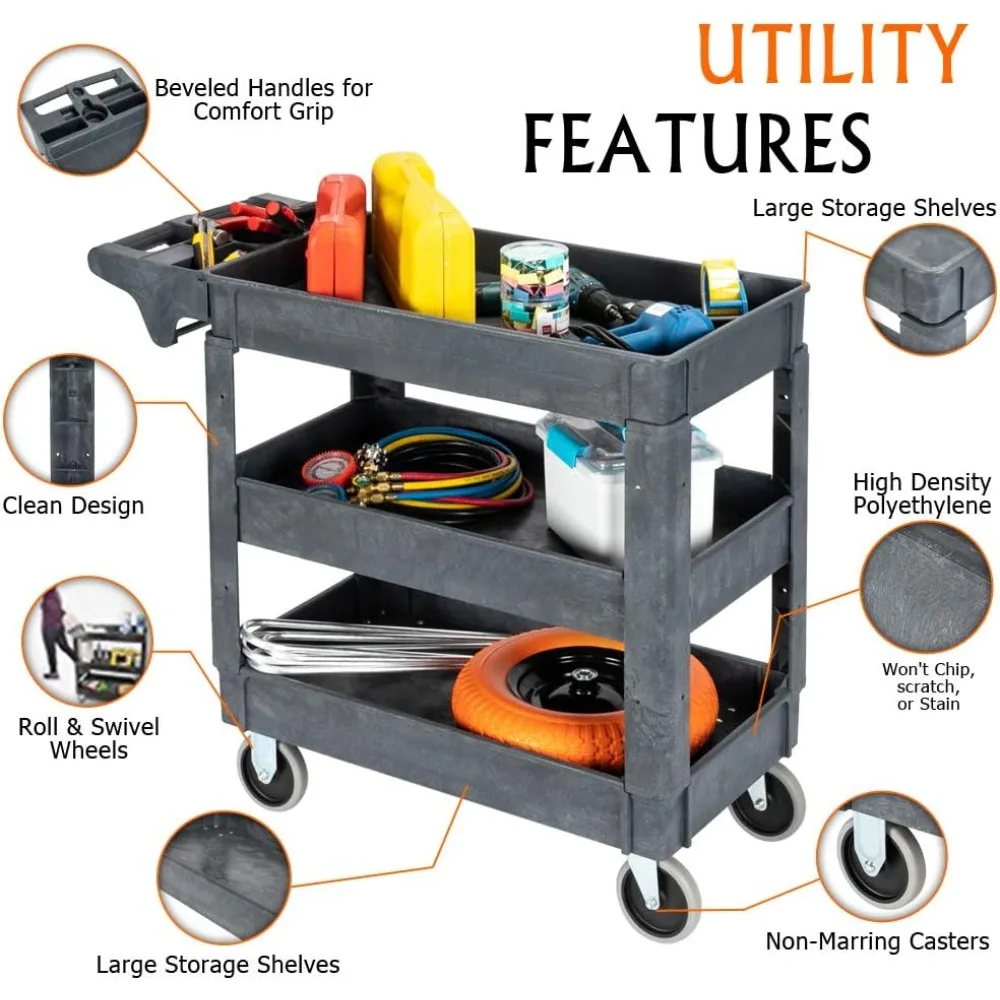 Plastic Service Utility Cart with Wheels, 550lbs Capacity, Heavy Duty Tub W/Deep Shelves, Multipurpose Rolling 3-Tier Mo