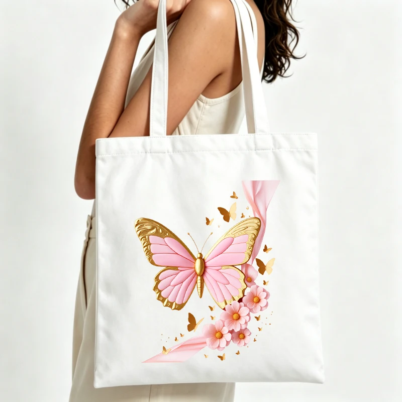 Women's butterfly and flower print canvas tote bag, casual style for daily shopping and summer outings
