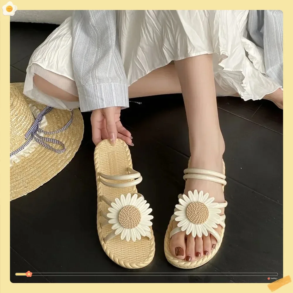 Women's Bohemian Style All - Match Daisy Flower Flats Slippers - Anti - Slip PVC Fashion Flip Flops for Summer
