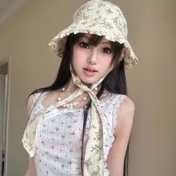 Korean Cute Lotus Leaf Edge Women Small Floral Bucket Hat Outdoor Outing Pastoral Style Lace-up Sunshade Small Edge Loli Hats