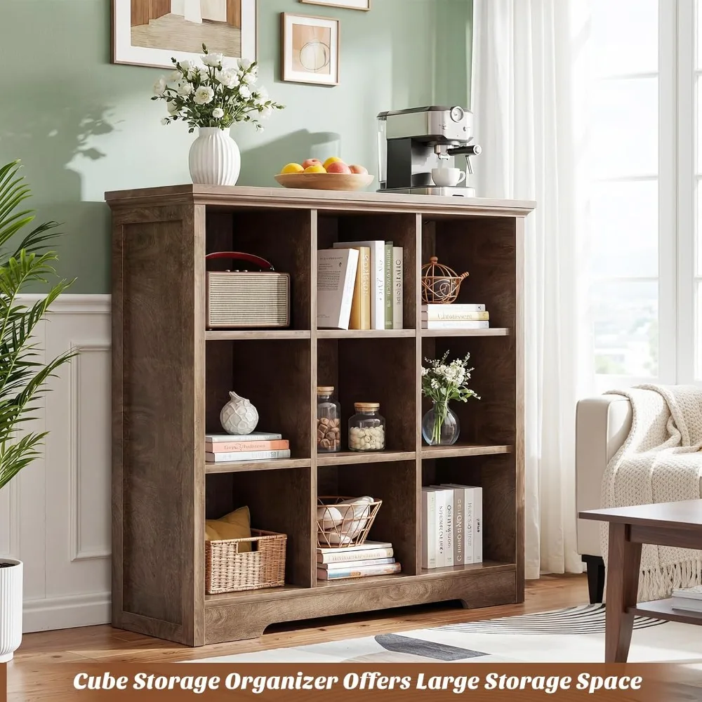 Wooden 9-Cube Storage Organizer with Charging Ports, 4-Tier Open Bookshelf, Cracked Oak