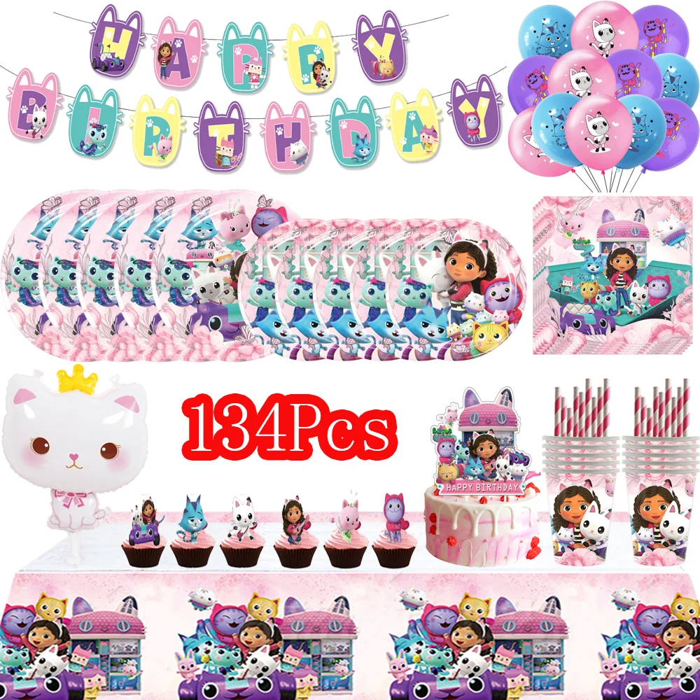 Zestaw dekoracji na przyjęcie urodzinowe Gabby z kreskówki, domek dla lalek, jednorazowa zastawa stołowa, papierowe kubki, talerze, obrus, artykuły na baby shower, akcesoria dla dzieci.