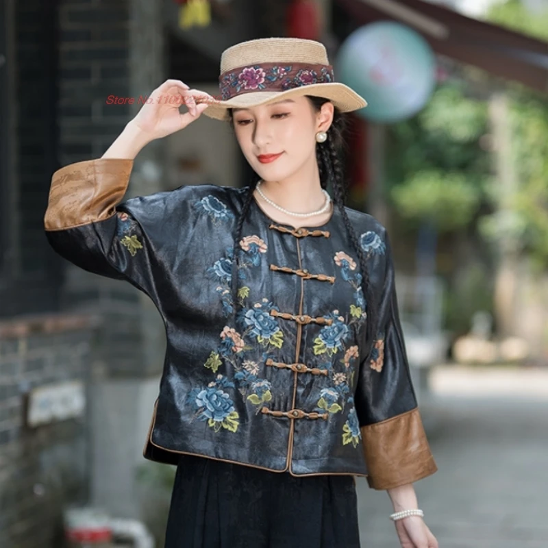 

2025 traditional chinese vintage coat national flower embroidery o-neck jacket oriental retro hanfu tops ethnic folk jacket