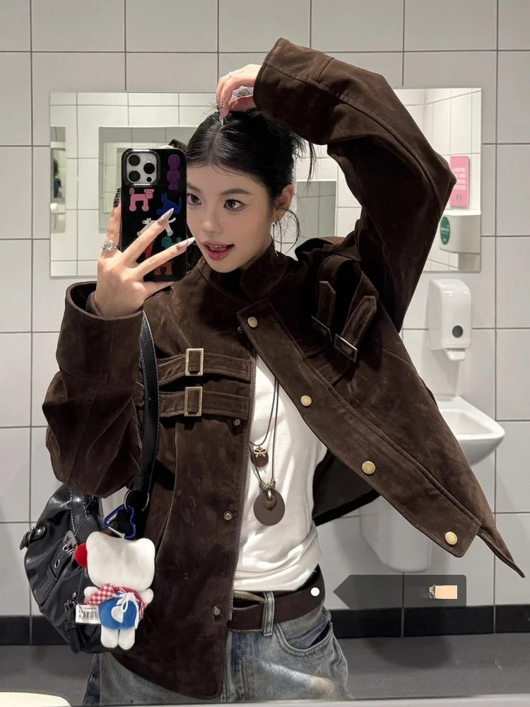 

Ретро-куртка из замши в американском стиле с дизайнерскими вставками, женская, весенняя, высокого качества, свободного кроя, модная, с прямым подолом