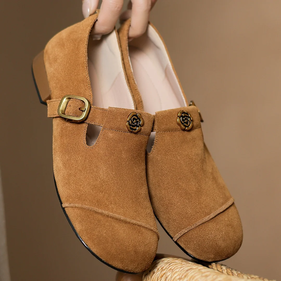 

Women's natural suede leather metal buckle t-strap slip-on ballet flats round toe soft comfortable casual female moccasins shoes