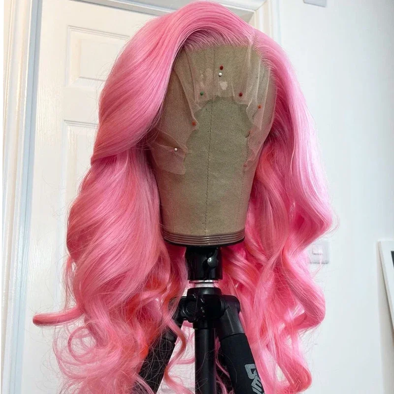 RONGDUOYI Pink Wig Long Wave Lace Front Wig For Women Lace Synthetic Hair Heat Resistant Body Wave Blue Wig Cosplay Lace Wig