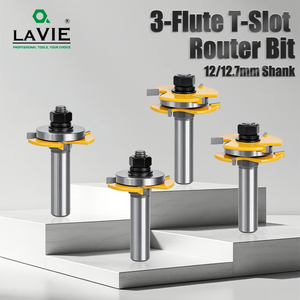 LAVIE 12mm Or 12mm Shank 3-Wing T-Slot Tongue Groove Router Bit Adjustable With Shims Wood Milling Cutter C12180B4804Y