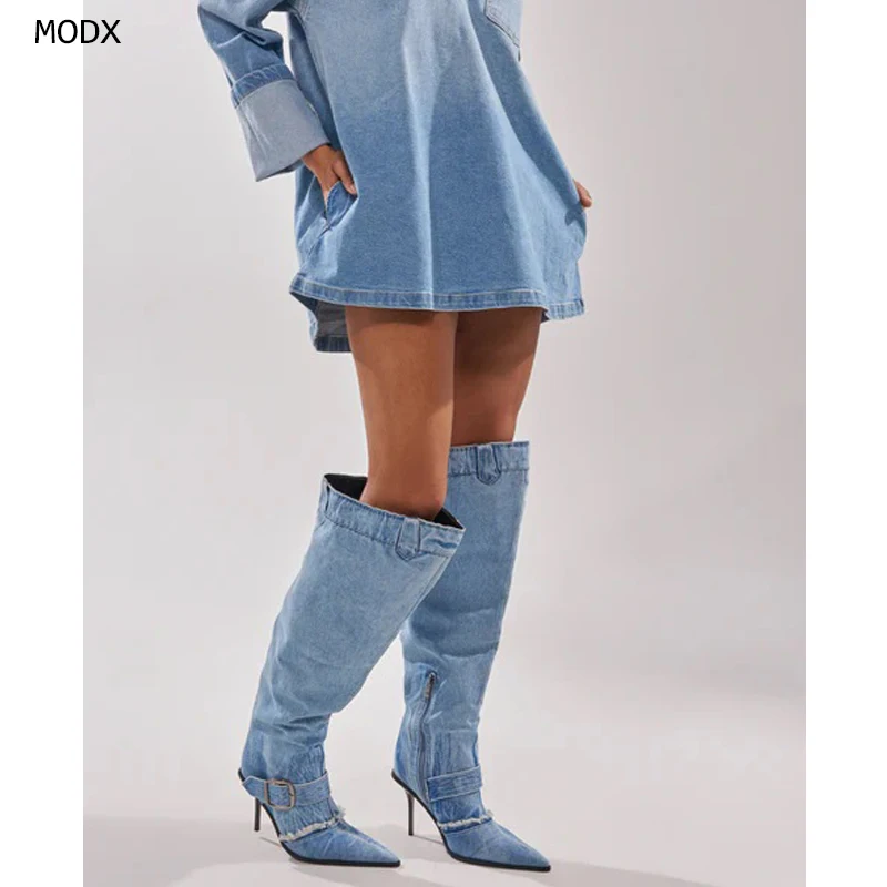 

2026 Denim Pants Boots Pointy Toe Pleated Over The Knee Boots for Women Winter Casual Rivet Belt Decor Patchwork Luxury Shoes 44